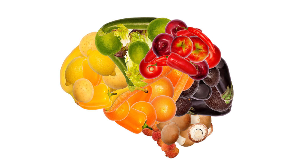 Graphic showing brain anatomy composed of various fruits and vegetables